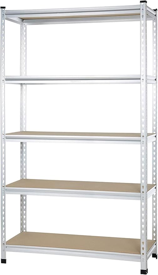 Amazon Basics 5-Tier Medium Duty Storage Shelving, Garage Storage Rack, Double Post Press Board Shelf, Adjustable, Easy Assembly, Space-Saving, Aluminum, 48" x 18" x 72"