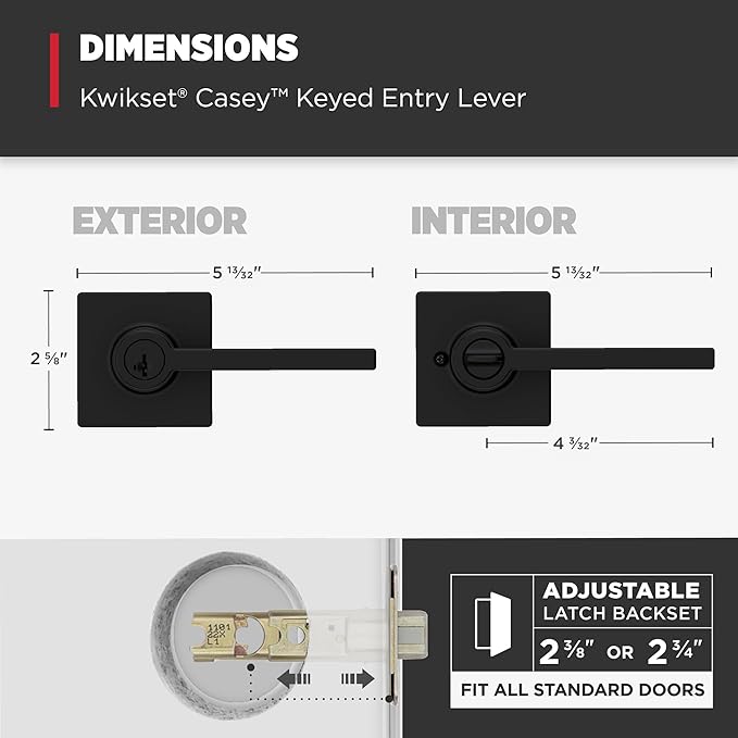 Kwikset Casey Entry Door Handle with Lock and Key, Secure Keyed Reversible Lever Exterior, for Front Entrance and Bedrooms, Matte Black, 4 Pack, Pick Resistant SmartKey Rekey Security and Microban