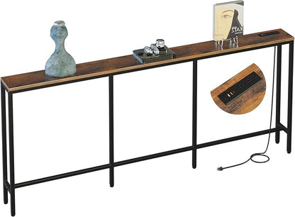 78.7" Behind Couch Table with Fast Charging Station, 7.1" Narrow Skinny Sofa Table with 2 Power Outlets, 2 USB-A, USB-C for Console Entryway, Rustic Brown
