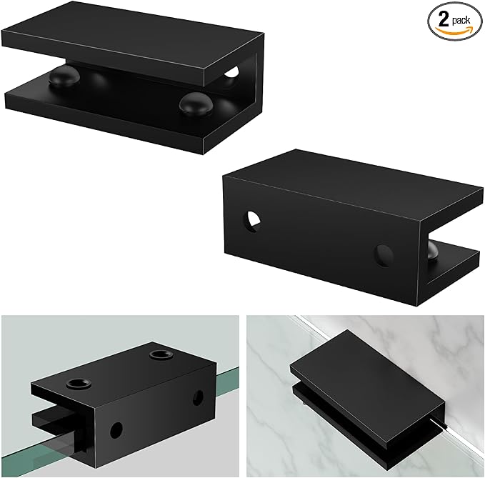 Ranbo 2 Pcs Solid Brass Glass Shelf Brackets, Heavy Duty 4mm Thick Design，for 1/4" to 1/2" Frameless Glass Panels, Wall Mount Support Clips for Shower and Shelves, Matte Black