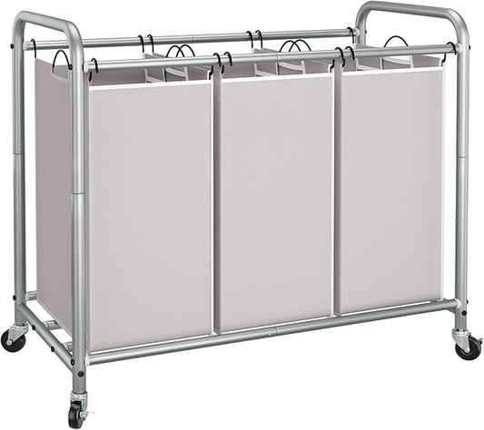 STORAGE MANIAC 3 Section Laundry Sorter, 35.6 Gal (135 L) Laundry Hamper Cart with Heavy Duty Rolling Lockable Wheels and Removable Bags, Clothes Organizer Basket Clothes Separator Hamper, Gray