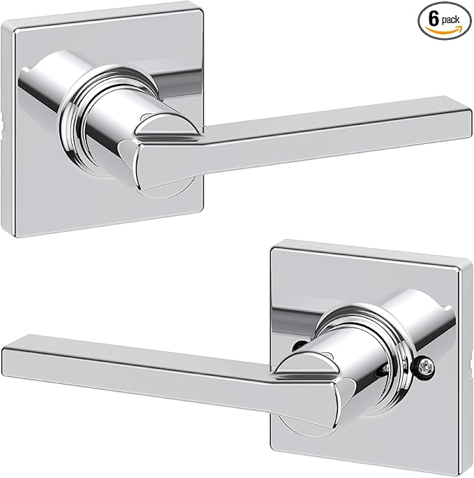 Kwikset Casey Interior Passage Door Handle, Lever for Closet and Hallway Doors, Reversible Non-Locking Handle Lever, Polished Chrome (Pack of 6)