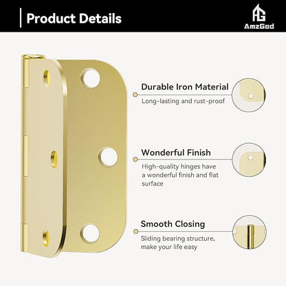 Door Hinges Polished Brass - 30 Pack Gold Door Hinges 3.5 Inch Rounded Interior Door Hinge with 5/8" Radius - 3 1/2 Inches Flat Iron Brass Hinges for Residential Standard Doors