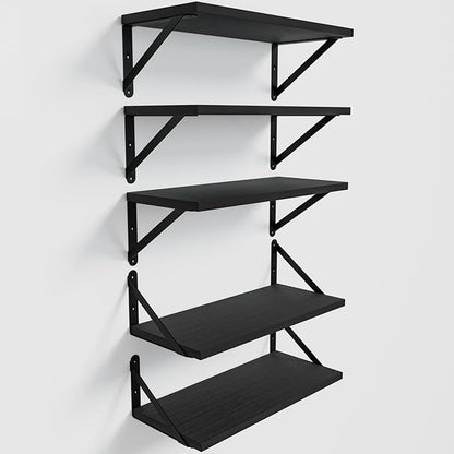 Wall Shelves 7.3" Deep Set of 5, Solid Paulownia Wood Wider Longer Sturdy Easy to Install Wall Mounted Bookshelves Storage Shelves Bathroom Home Office Laundry Room Bedroom Organizer Black