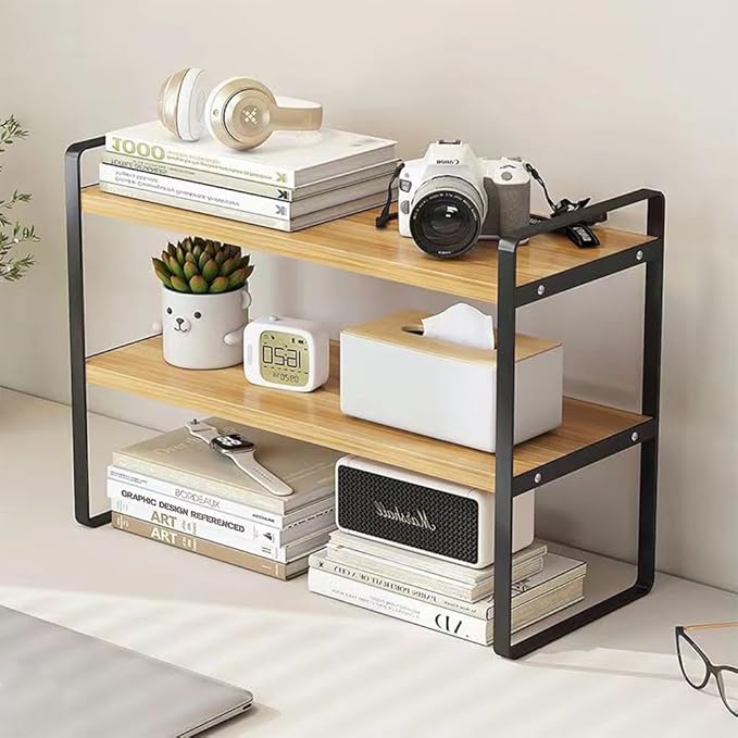 Hbluefat Desktop Organizer Shelf, 2-Tier Multipurpose Tabletop Storage Bookshelf, Small Wooden Countertop Storage Rack for Home Office Kitchen (Wood+Black)