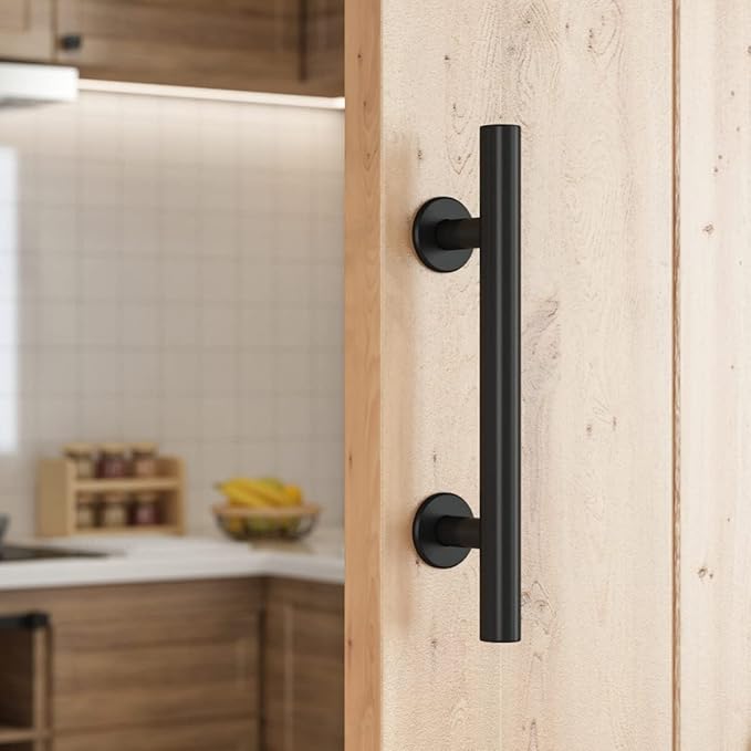 SMARTSTANDARD 2PCS Sliding Barn Door Handle, 12 Inch Heavy Duty Pull and Flush Hardware Set, Black, Large Rustic Two-Side Design, Round