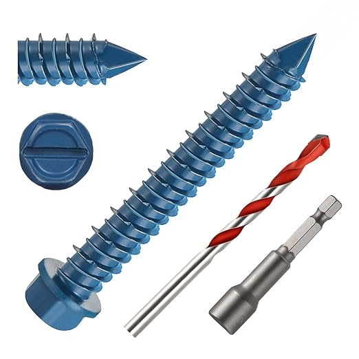 3/16" x 1-3/4" Concrete Screws, 100 PCS Blue Hex Washer Head Concrete Screws Anchor Kit with Drill Bit and Hex Bit Socket, for Masonry, Cement, Block, Brick or Stucco