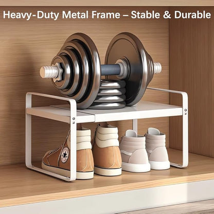Expandable 1-Tier Metal Shoe Rack (H:10"), Adjustable Width 14.9"-23.6", Heavy-Duty Free-Standing Shoe Organizer for Closet, Entryway & Small Spaces – Single Pack