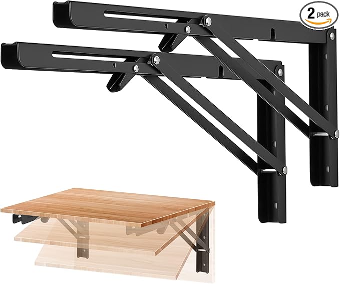 Ravinte 2 Pack 16 Inch Folding Shelf Brackets – Matte Black, Heavy Duty Collapsible Brackets for Tables and Benches – Space-Saving Design