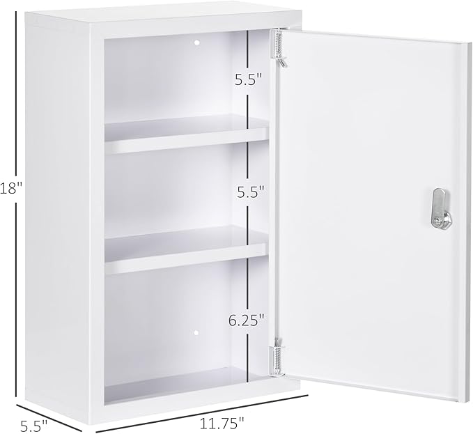 kleankin 12" x 18" Wall Medicine Cabinet with Lock, 3 Tier Steel Locking Wall Cabinet for Bathroom, Kitchen with 2 Keys, White