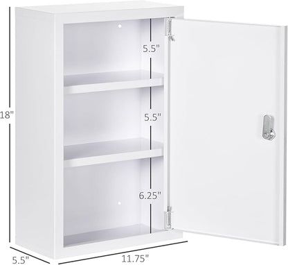kleankin 12" x 18" Wall Medicine Cabinet with Lock, 3 Tier Steel Locking Wall Cabinet for Bathroom, Kitchen with 2 Keys, White