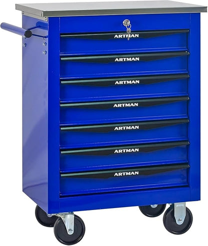 7-Drawer Rolling Tool Chest with Stainless Steel Countertop,Tool Chest with Secure Locking System,Mobile Storage Tool Cabinet with 360°Wheels and Padded Feet,for Home,Garage (Blue)