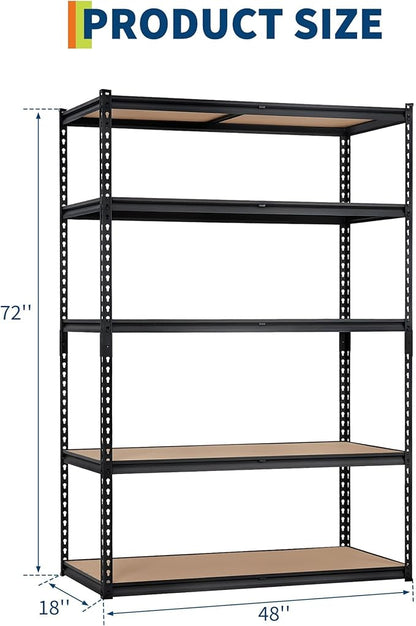Heavy Duty Garage Storage Shelves, 5-Tier Adjustable Metal Shelving Unit, Up to 2500 Lb Capacity, 48" l x 18" w x 72" h Storage Rack for Kitchen, Pantry, Basement, Bathroom & Laundry