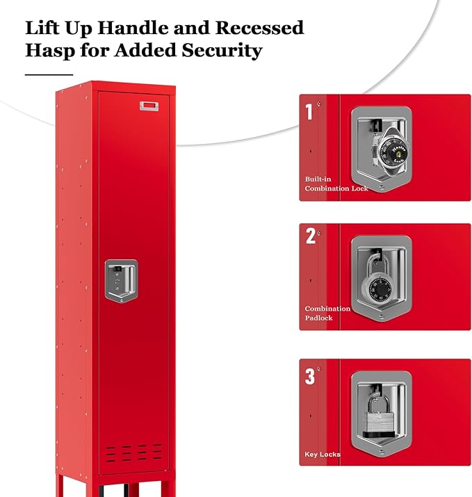 Metal Storage Locker with Lock & Card Slot Locker - Secure Lockable Door - Steel Locker for School, Office, Gym, Home - 66.15" H x 11.8" W x 11.8" D（1 Door, Red）