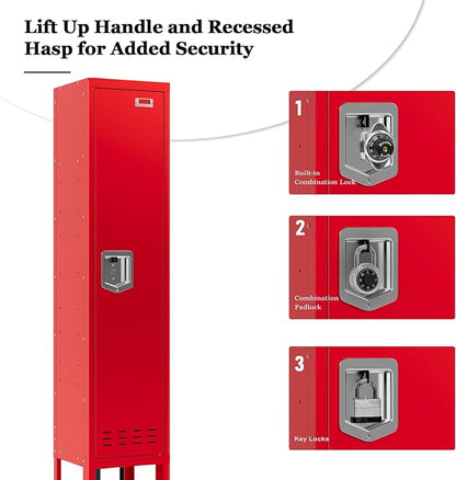 Metal Storage Locker with Lock & Card Slot Locker - Secure Lockable Door - Steel Locker for School, Office, Gym, Home - 66.15" H x 11.8" W x 11.8" D（1 Door, Red）
