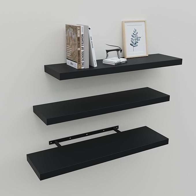 Floating Shelves for Wall Set of 3, 24" Black Wall Shelves for Home Decor, Frame Display Black Floating Shelf for Living Room, Bedroom, Bathroom, Kitchen