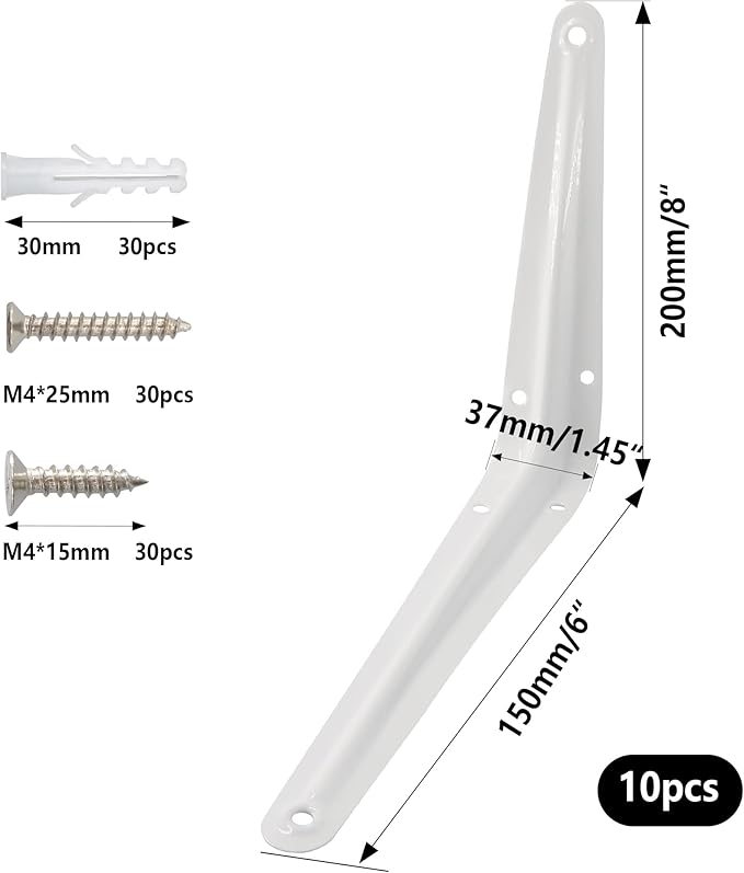 Lilaly 10 Pack Shelf Brackets 8 Inch Shelf Bracket, Heavy Duty L Brackets for Shelves for Hanging Floating Shelves Brack with Screws and Wall Anchors(6"x8",White)