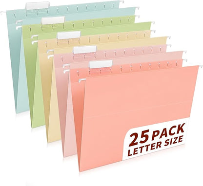 25-Pack Pastel Hanging File Folders, Letter Size with 1/5-Cut Tabs, 35 Transparent Label Cards, 50 Sticker Labels–Home Office & Filing Cabinets