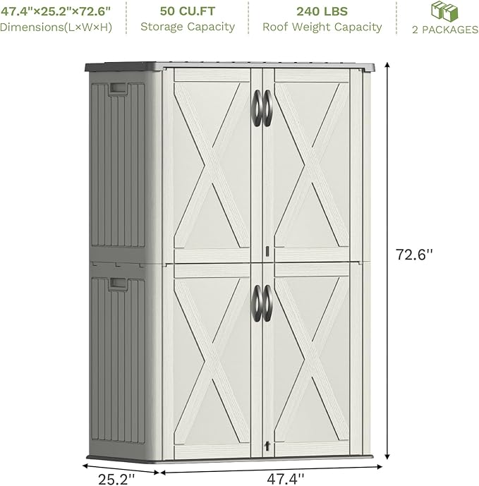 Patiowell 50 Cu.ft Outdoor Storage Cabinet with Lockable Door, Waterproof Horizontal Storage Shed for Tools and Patio Furniture, All-Weather Resin Shed Easy Assemble for Pool or Backyards, Brown