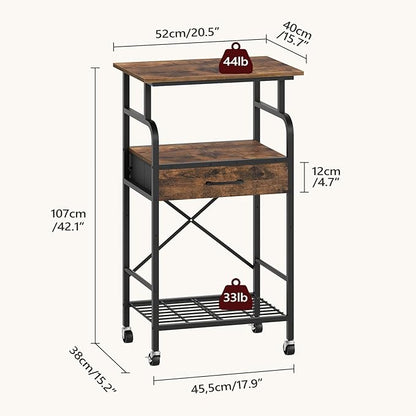 Tall Printer Stand, 3 Tier Printer Cart with Storage, Industrial Printer Table on Wheels, Adjustable Shelf & Fabric Drawer, for Home Office Study Rustic Brown PTHR5401