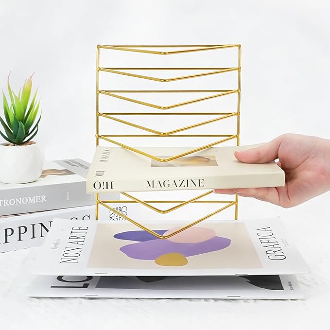 4Pcs Triangle File Holder, 9 Slot Black Magazine Holder, Metal Vinyl Record Storage Stand, Desktop File Organizer Magazine Rack, Bookshelf Organizer for Office Home, Letter Book (Gold) (Gold)