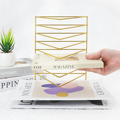4Pcs Triangle File Holder, 9 Slot Black Magazine Holder, Metal Vinyl Record Storage Stand, Desktop File Organizer Magazine Rack, Bookshelf Organizer for Office Home, Letter Book (Gold) (Gold)