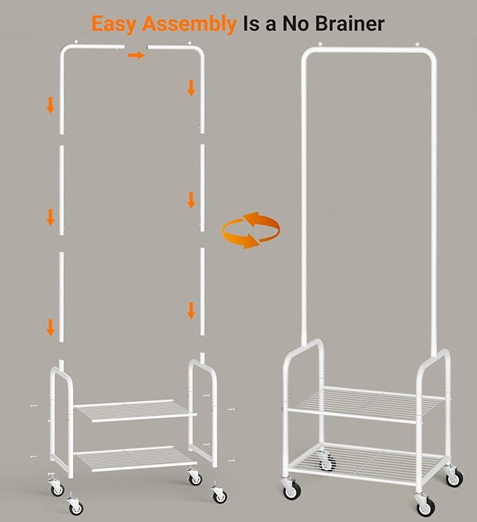 AOODA Small Clothes Rack with Shelves, Metal Sturdy Rolling Clothing Racks for Hanging Clothes, Portable Garment Rack with Wheels for Shirts, Coats, Shoes, Bags (White)