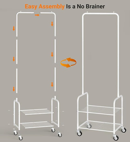 AOODA Small Clothes Rack with Shelves, Metal Sturdy Rolling Clothing Racks for Hanging Clothes, Portable Garment Rack with Wheels for Shirts, Coats, Shoes, Bags (White)
