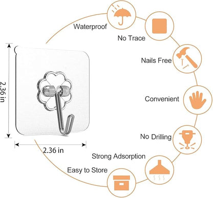 Adove Adhesive Hooks for Hanging, Heavy Duty Wall Hooks 20 Pack, Removable Sticky Ceiling Hooks, Transparent Self Adhesive Shower Hooks, Water & Oil Proof Strong 22lb(Max) Door Coat Hooks