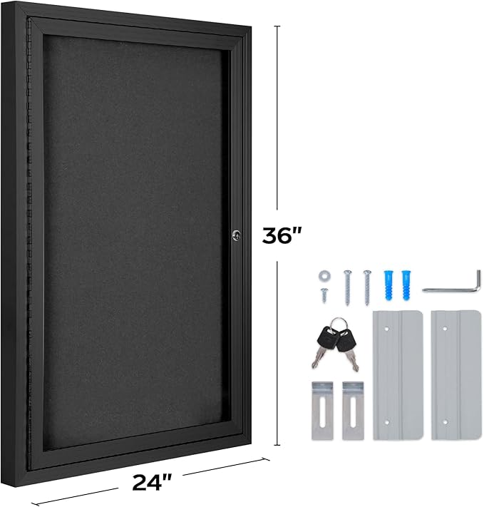 INNOVART Enclosed Bulletin Board 36” x 24”, Lockable Fabric Noticeboard with Aluminum Frame, Wall Display Case with Swing-Open Door Black Felt, Information Cabinet for School, Office, Commercial, etc