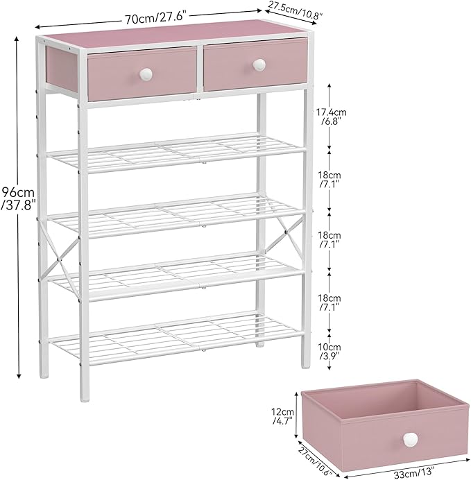 Shoe Rack for Entryway, 5 Tier Shoe Organizer with 2 Non-Woven Drawers, Metal Storage Shoe Shelf for 16-20 Pairs of Shoes, with Wooden Top and Steel Frame, Shoe Stand for Closet Pink