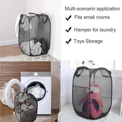 Mesh Pop up Laundry Hamper with Portable Handles, Collapsible Laundry Basket for Storage, Folding Pop-Up Clothes Hampers for Home, College Dorm or Travel, Black