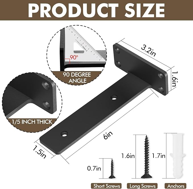 Heavy Duty Shelf Bracket 4 Pack, Floating Shelf Brackets 6 inch Long, Brackets for Shelves, Black Coated Metal Wall Shelf Support Brackets（1/5"-Thick）