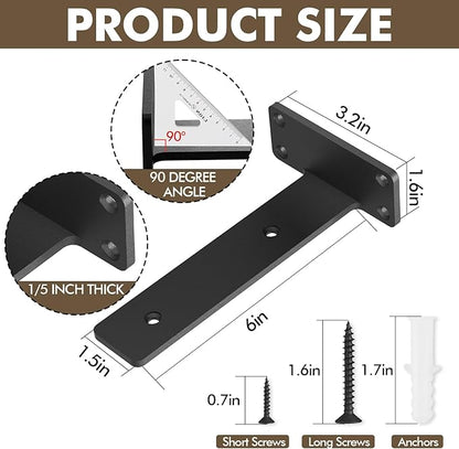 Heavy Duty Shelf Bracket 4 Pack, Floating Shelf Brackets 6 inch Long, Brackets for Shelves, Black Coated Metal Wall Shelf Support Brackets（1/5"-Thick）