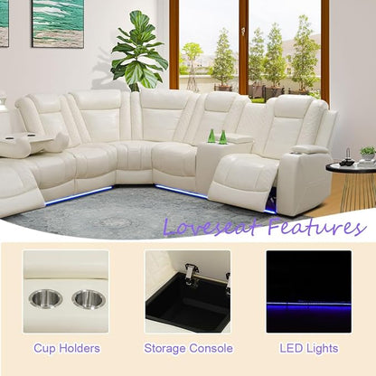 Power Recliner Sectional Sofa Set, Reclining Sectional Sofa with LED, Creamy White Power Recliner Couch Set and Chair, Sturdy Footrest Recliner Chair, Breathable Leather with Read Light