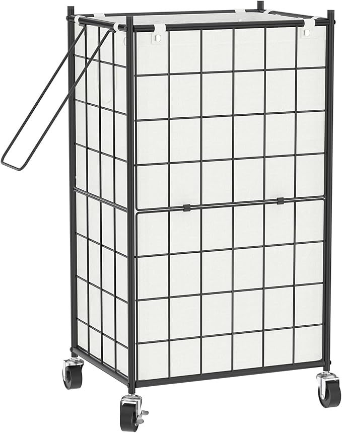 WOWLIVE Laundry Hamper with Wheels,Metal Wire Frame Rolling Laundry Basket with Removable bag,100L Dirty Clothes Hamper Organizer Dorm Room Storage for Bedroom,Bathroom,Black and White