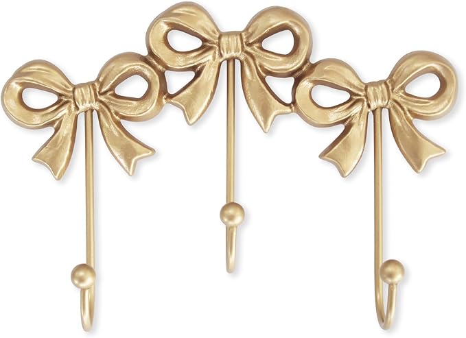 Small Bow Wall Hook,Gold Wall Mounted Functional Hooks,Antique Gold Cast Iron Hook for Coats,Bags, Bath Towels,Room Decorations,Girls Room,Bathroom,Office(Three-Bows Hooks:8.27x5.59 inches)