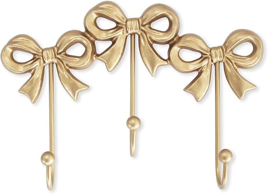 Small Bow Wall Hook,Gold Wall Mounted Functional Hooks,Antique Gold Cast Iron Hook for Coats,Bags, Bath Towels,Room Decorations,Girls Room,Bathroom,Office(Three-Bows Hooks:8.27x5.59 inches)