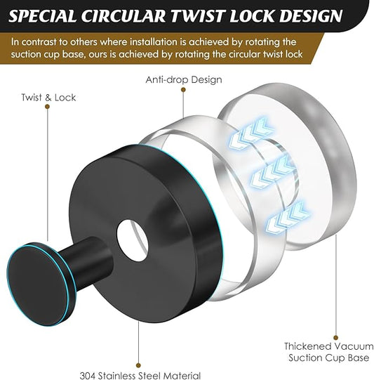 Suction Cup Hooks for Shower,Removable Shower Towel Suction Hooks for Bathroom Wall,Kitchen,Glass,Mirror,Tile to Hang Robes,Loofah-Black(2-Pack)