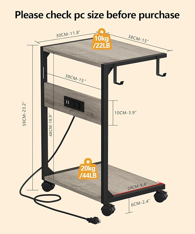 2 Tier Computer Tower Stand with Charging Station, 11.8" D x 16.5" W Rolling Floor PC Tower Stand Fits Under Desk, CPU Holder Cart for Carpet with Hooks, C Shaped End Table for Home Office