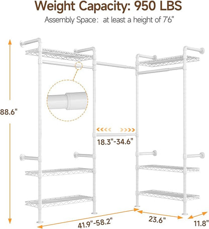 L3 Industrial Pipe Closet Organizer System, Wall Mounted Clothes Rack Clothing Racks with 4 Telescopic Rods & 6 Shelves , Heavy Duty Closet System in Wardrobe Closet (White)