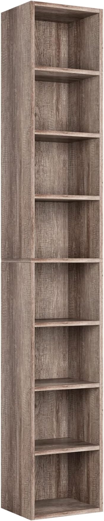 FOTOSOK 2 Pcs 71'' Tall Narrow Bookshelf, 8-Tier Media Tower Rack Set of 2, CD DVD Storage Cabinet with Adjustable Shelves, Tall Narrow Bookcase Skinny Display Bookshelf Slim Shelf, Oak