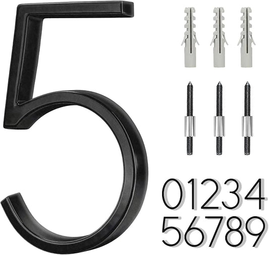 6" Stainless Steel Floating House Number 5, Metal Modern House Numbers, Mailbox Decor Number with Nail Kit, Coated Black, 911 Visibility Signage (Large 5)