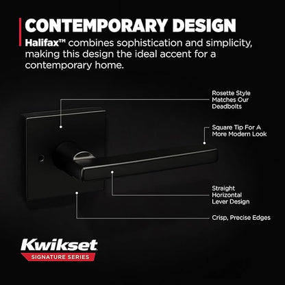 Kwikset Halifax Interior Privacy Door Handle with Lock,Door Lever for Bathroom and Bedroom,Matte Black Reversible Keyless Push Button Lock-Door Lever,with Microban Protection,Square Rose,(Pack of 12)