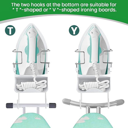 Iron Board Hanger Wall Mount Electric Iron Holder Ironing Board Holder Wall Mount Room Storage Iron and Ironing Board Storage Organizer Shelf with Removable Hooks