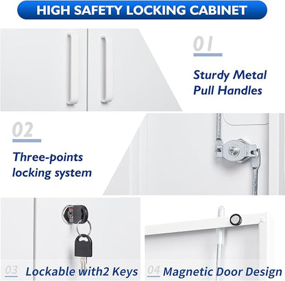 Metal Storage Cabinets with Locking Doors, 36 inch Lockable Steel Office Cabinet with Adjustable Shelves, Small Short Garage Caninet, White Locked Tool Caninets for Home, Office, Garage, Hallway