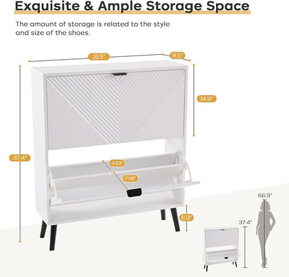 Shoe Cabinet Storage, Farmhouse Freestanding Organizer with 2 Flip Drawers and 4 Wooden feet, Narrow Shoe Rack Cabinet for Entryway, Foyer, Hallway, White