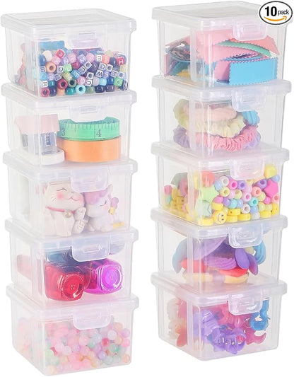 10-Pack Small Plastic Containers with Lids, Clear Stackable Storage Boxes & Bins Organizer for Bead Organizer, Craft Storage, Stickers, Jewelry & Small Items – Square Small