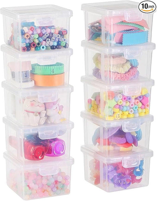 10-Pack Small Plastic Containers with Lids, Clear Stackable Storage Boxes & Bins Organizer for Bead Organizer, Craft Storage, Stickers, Jewelry & Small Items – Square Small