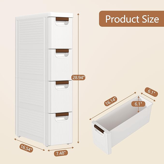 VECELO 4-Drawer Narrow Bathroom Storage Cabinet, Mobile Plastic Slim Rolling Organizer Cart with Built-in 4 Wheels for Living Room, Kitchen, Bathroom, Bedroom, Office, White(16.5" x 7.5" x 28.9")